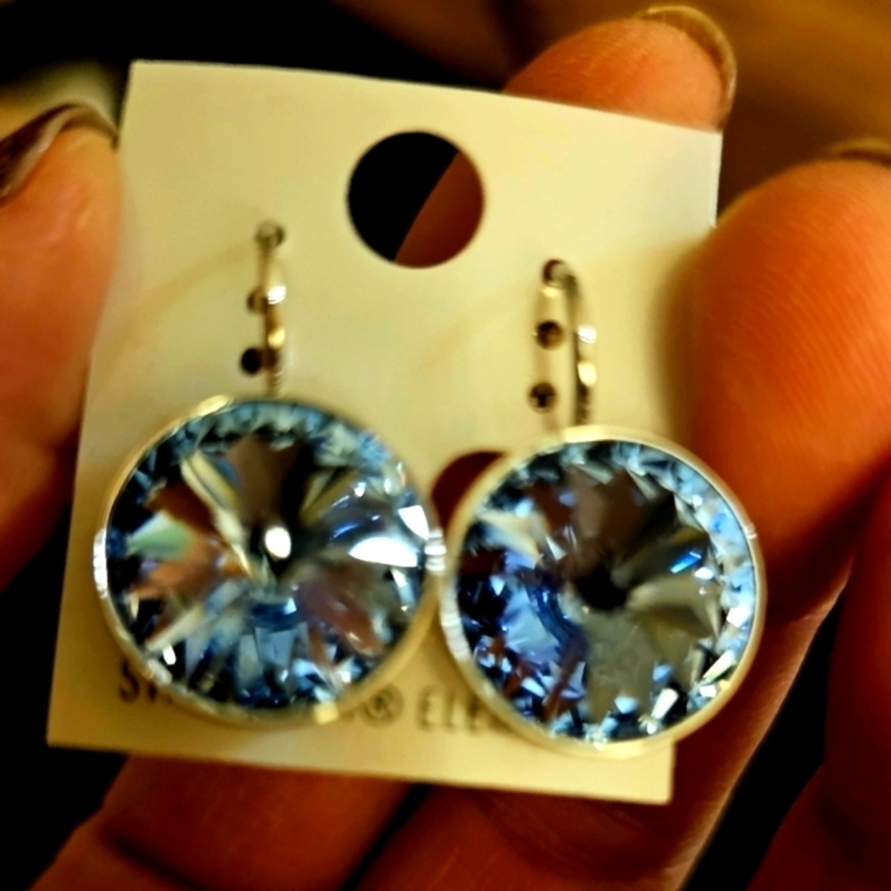 NEW! Swarovski Element Earrings. Aqua Blue 15mm Work. Party. Weddings. Leverback